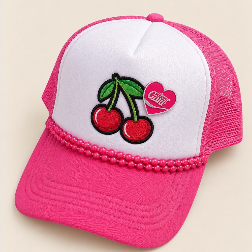 Pink Trucker Hat with Cherry Design